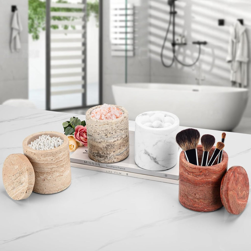 Natural Marble Canister, Qtip Holder With Lid For Cotton Swabs