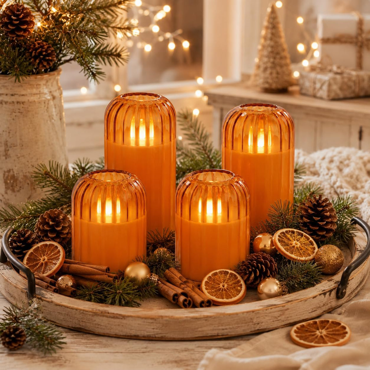 Fall Decorations for Home, Orange Glass Flameless Candles with Remote & Timer, Set of 4 Real Wax LED Pillar Candles with Dancing Flickering Flame, 3" x 4"/5", Halloween Thanksgiving Christmas Decor