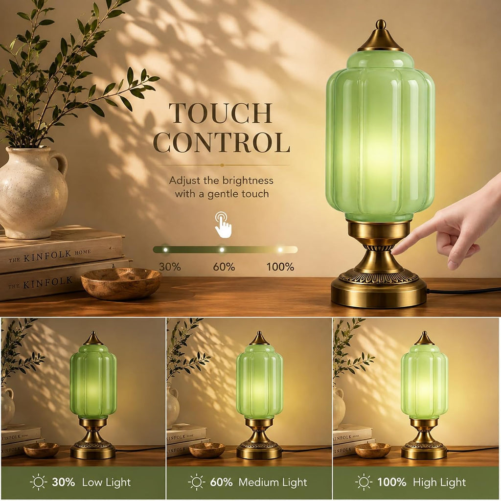 Vintage Brass Table Lamp with Green Milk Glass Shade