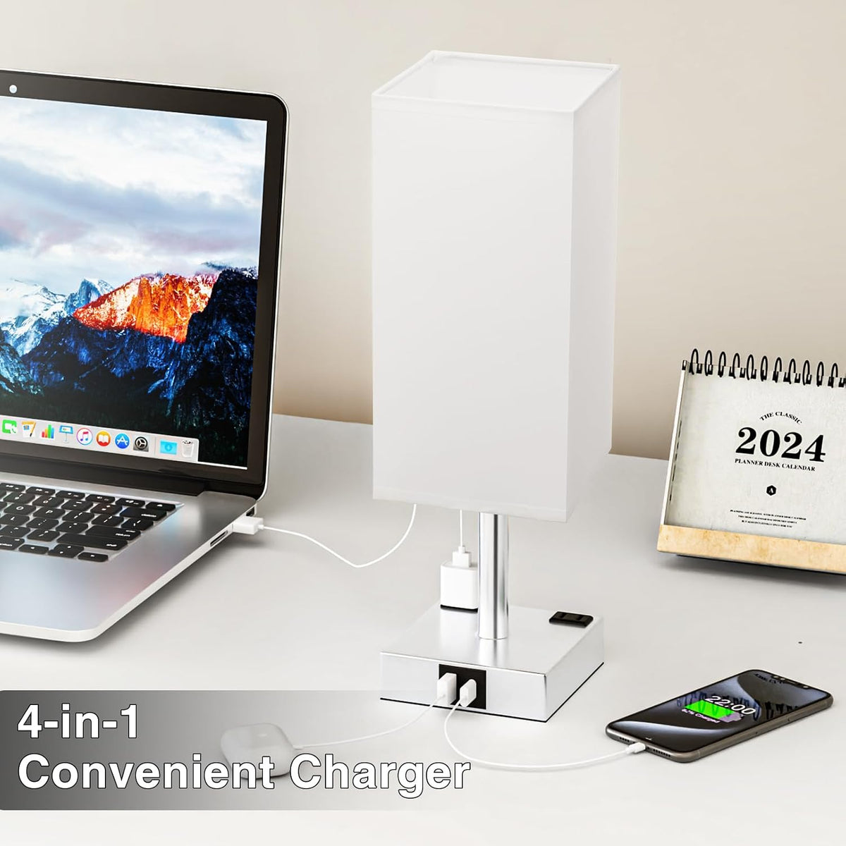 White Touch Table Lamp for Bedroom - Dimmable, USB C+A, 2 AC Outlets