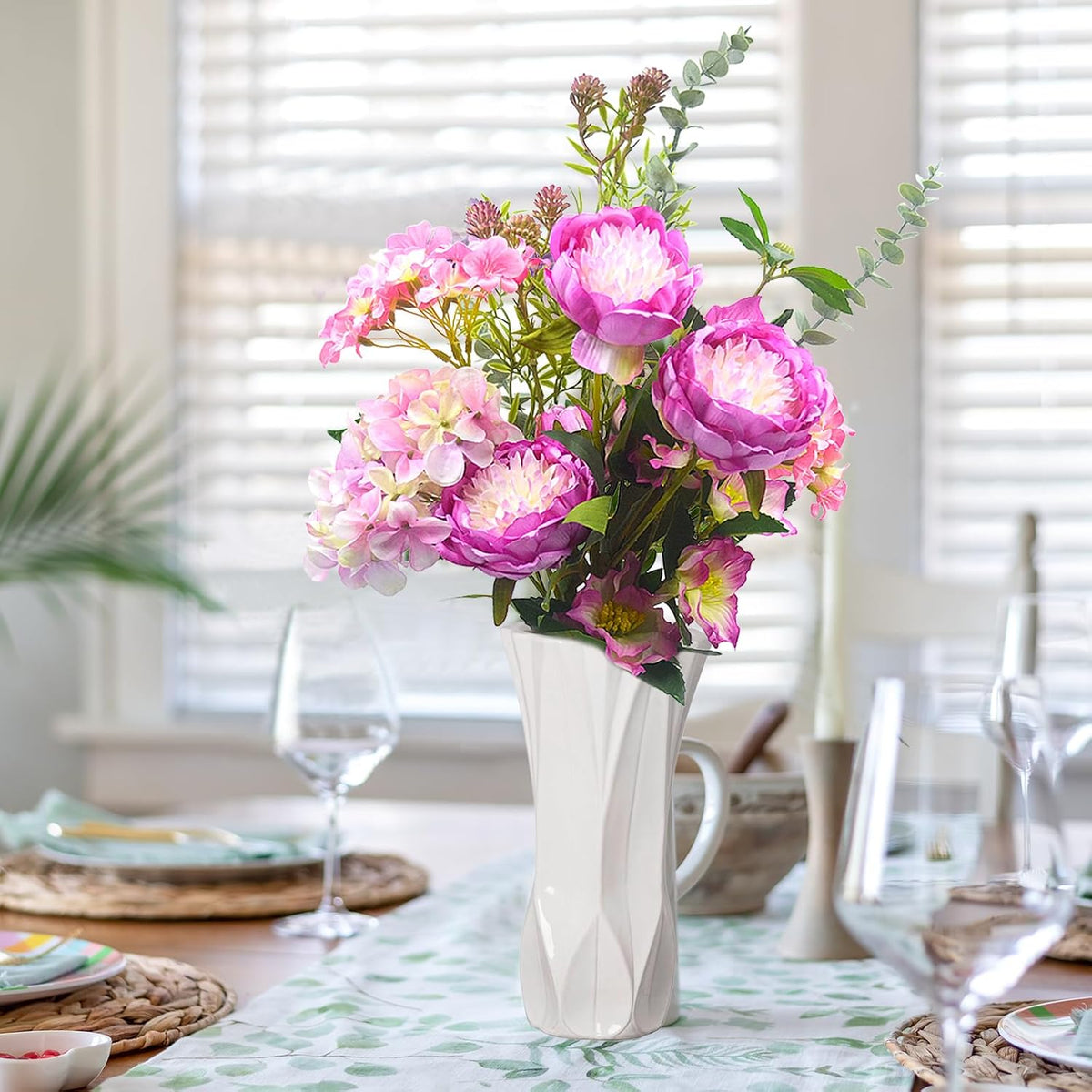 Artificial Flowers Bouquet – Fake Silk Hydrangea Peony and Eucalyptus Mix, Faux Flower Arrangements for Home, Office Decor and Dining Table Centerpieces (Pink &Magenta)