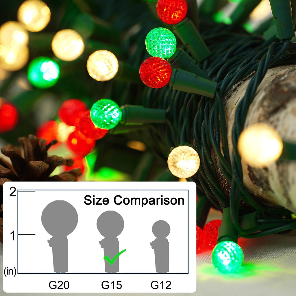 BOHON Red White and Green Christmas Lights Faceted G15 50 LED 17ft Plug in