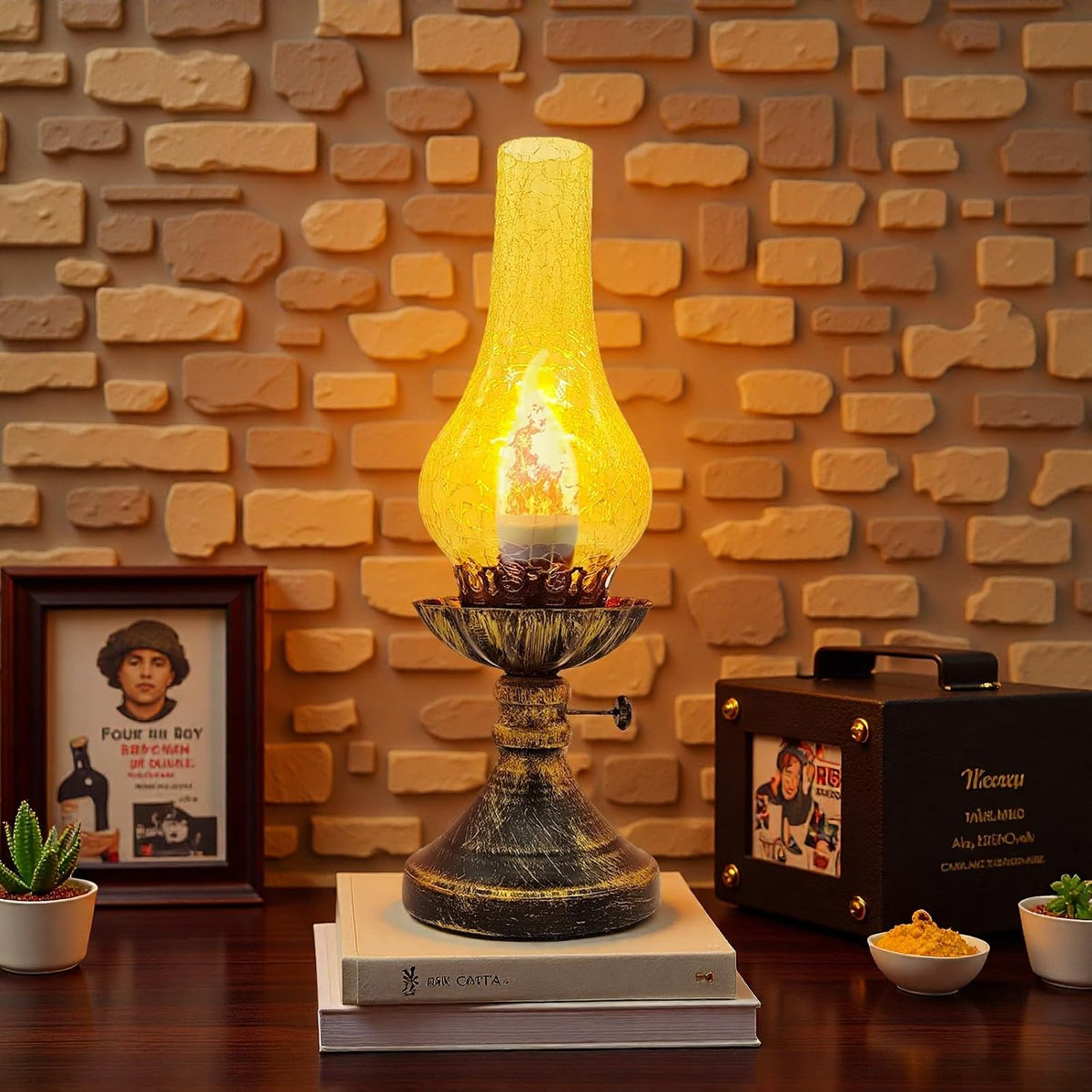 Vintage Table Lamp - 3 Modes Dimmable Retro Rustic Desk Lamp with Crackle Glass Shade, Antique Victorian Style, E26 Bulb Included, Ideal for Bedroom, Living Room, Home Decor (Yellow-Gold)