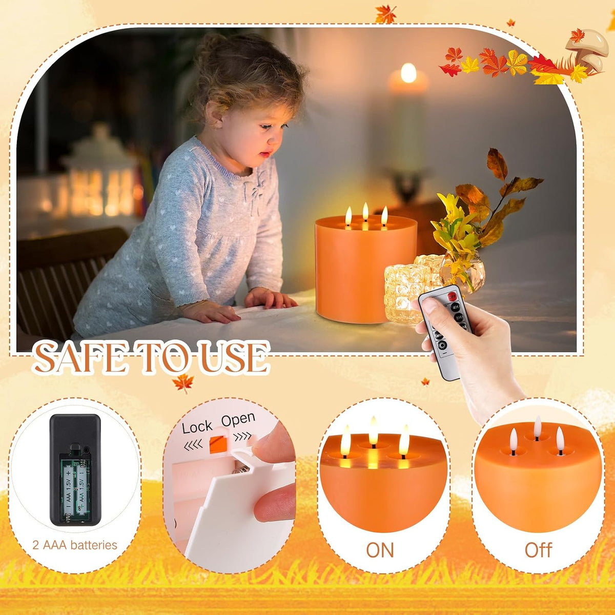 Retisee 1 Pack Orange Extra Large Flameless Candles 6" x 6"