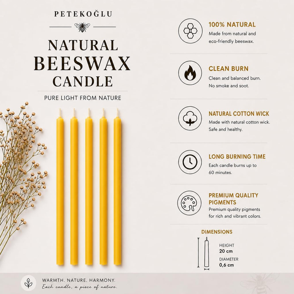 Petekoğlu 15-Pack Beeswax Wish Candles – Handcrafted, Drip-Free, Smoke-Free Slim Taper Candles for Rituals, Meditation, Birthday & Home Décor – Natural Honey Scent 7.87” x 0.24” (Burgundy)