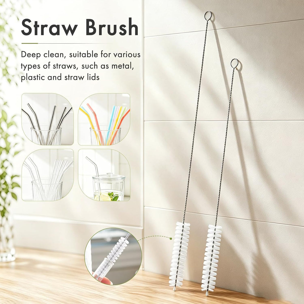 Amazer Dish Brush with Handle, Kitchen Scrub Brushes for Cleaning, 2 Pcs Straw Cleaner Brushes for Water Bottle, 2 Pcs Dish Scrubber with Stiff Bristles for Sink
