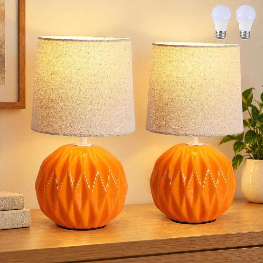 Orange Ceramic Table Lamp Set of 2, Small Bedside Lamp with Linen Shade