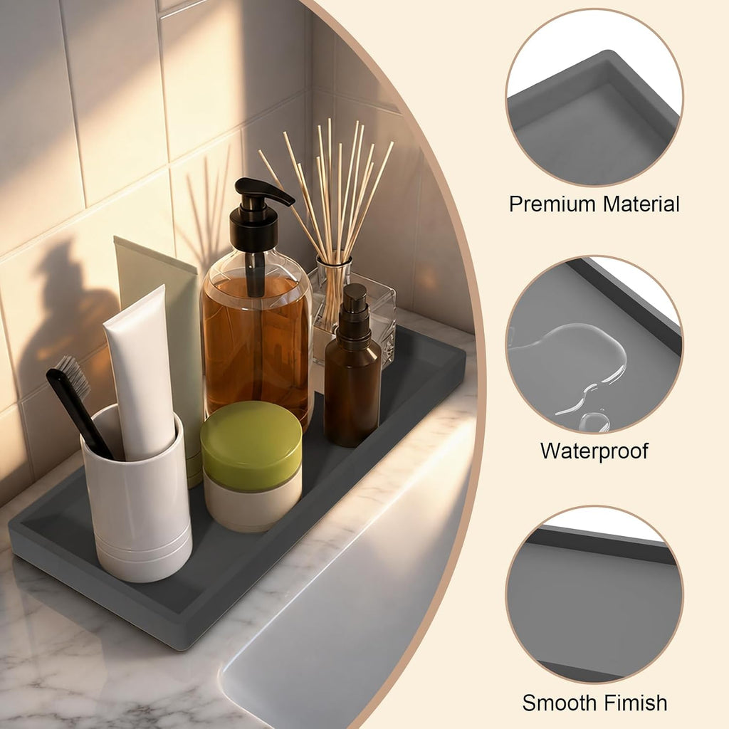Bathroom Vanity Tray, Silicone 11.8 x 5 Inch Bathroom Counter Tray Decor, Extra-Large Bathroom Trays Holders and Organizers for Toilet Top, Dresser, Waterproof Decorative Tray, Grey
