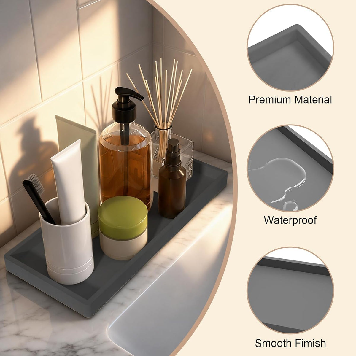 Bathroom Vanity Tray, Silicone 11.8 x 5 Inch Bathroom Counter Tray Decor, Extra-Large Bathroom Trays Holders and Organizers for Toilet Top, Dresser, Waterproof Decorative Tray, Grey