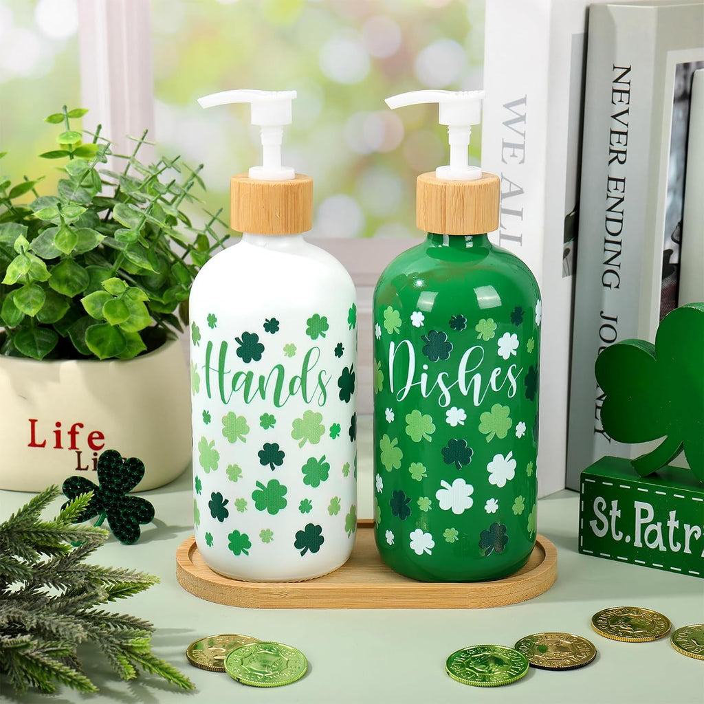 FYSUIMU 2 Pcs St. Patrick's Day Soap Dispenser Glass Soap Dispenser with Pump Green White Shamrock Clover Refillable Liquid Container for Hands Dishes Party Home Kitchen Bathroom Decor