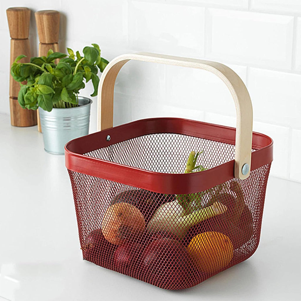 AJIODA Metal Mesh Steel Basket, Storage Organizer Basket Multi-functional Hanging Kitchen Baskets Fruit Basket Bin with Bamboo Handle for Kitchen Bathroom Picnic Shopping Decor Cabinet Home, Red