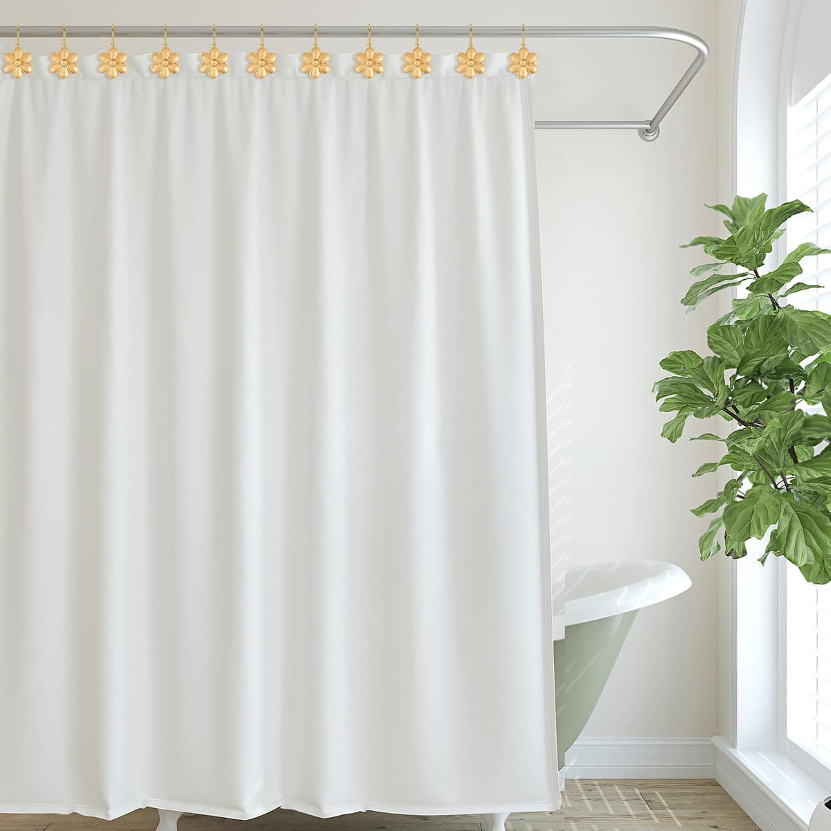 3D Floral Shower Curtain Hooks, 12 Pcs Rust Proof Resin Metal Hooks Shower Curtain Rod Rings, Ideal for Bathroom, Bedroom, Living Room Fun Home Decor (Gold)