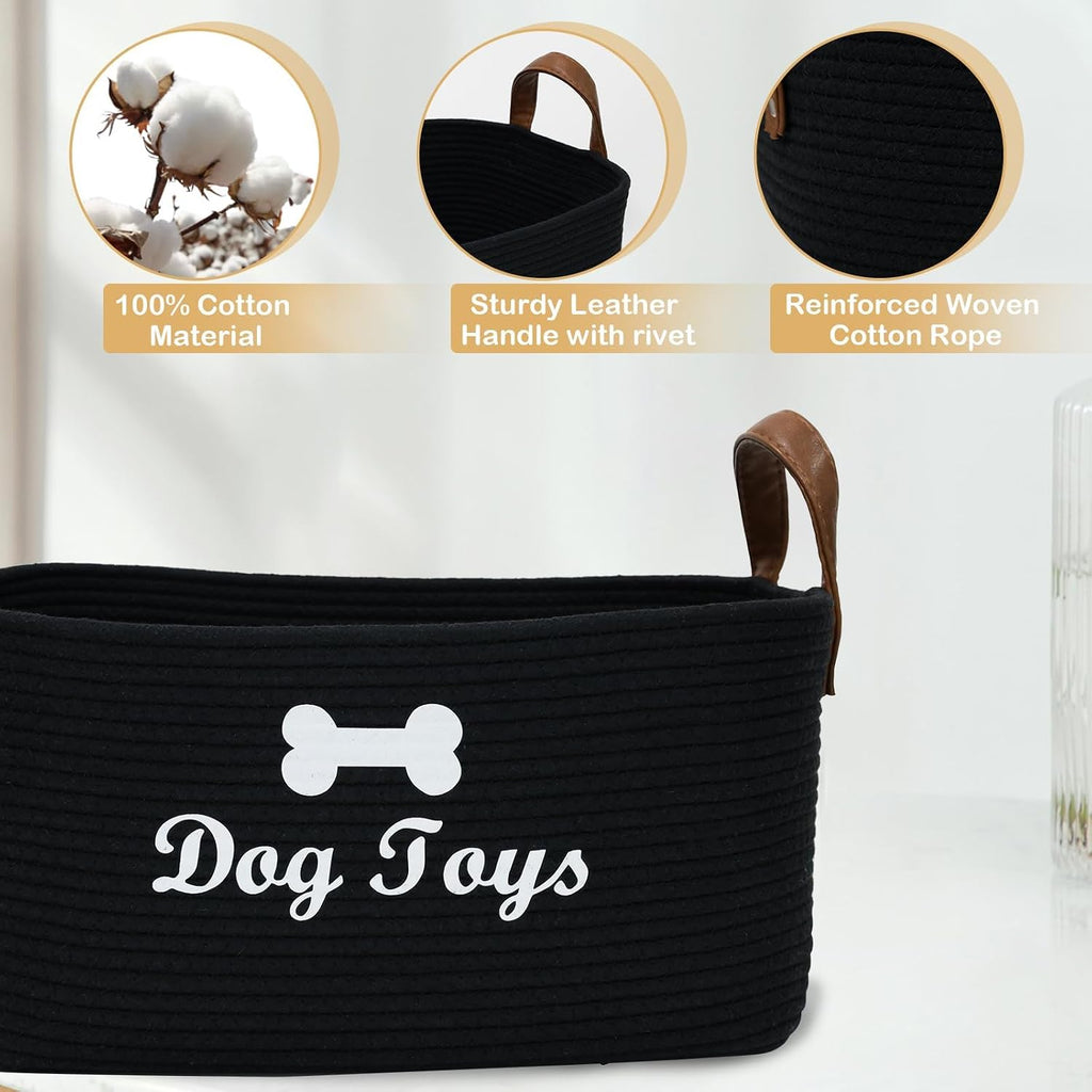 Large Dog Toy Basket, 100% Cotton Rope Dog Toy Storage Bin-Black