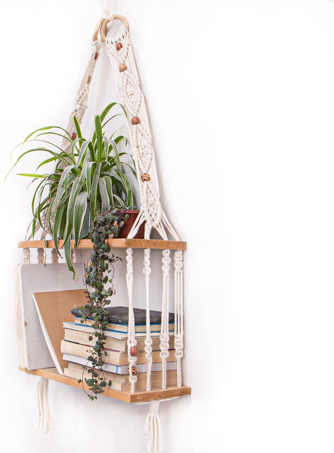 TENEWEE Boho Wall Hanging Shelves Macrame Floating Plant Photos Wood Shelf for Bedroom Living Room Apartment Decor