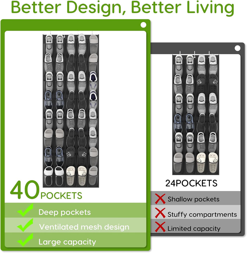 Over the Door Shoe Organizer with 40 Large Breathable Mesh Pockets, Space Saving Shoe Holder, Hanging Shoe Rack for Entryway Bedroom Closet Storage (Black, 40 Pockets)