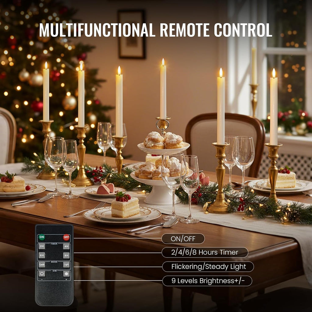 Rechargeable Flameless Taper Candles with Remote & Charging Base, 6 Pack