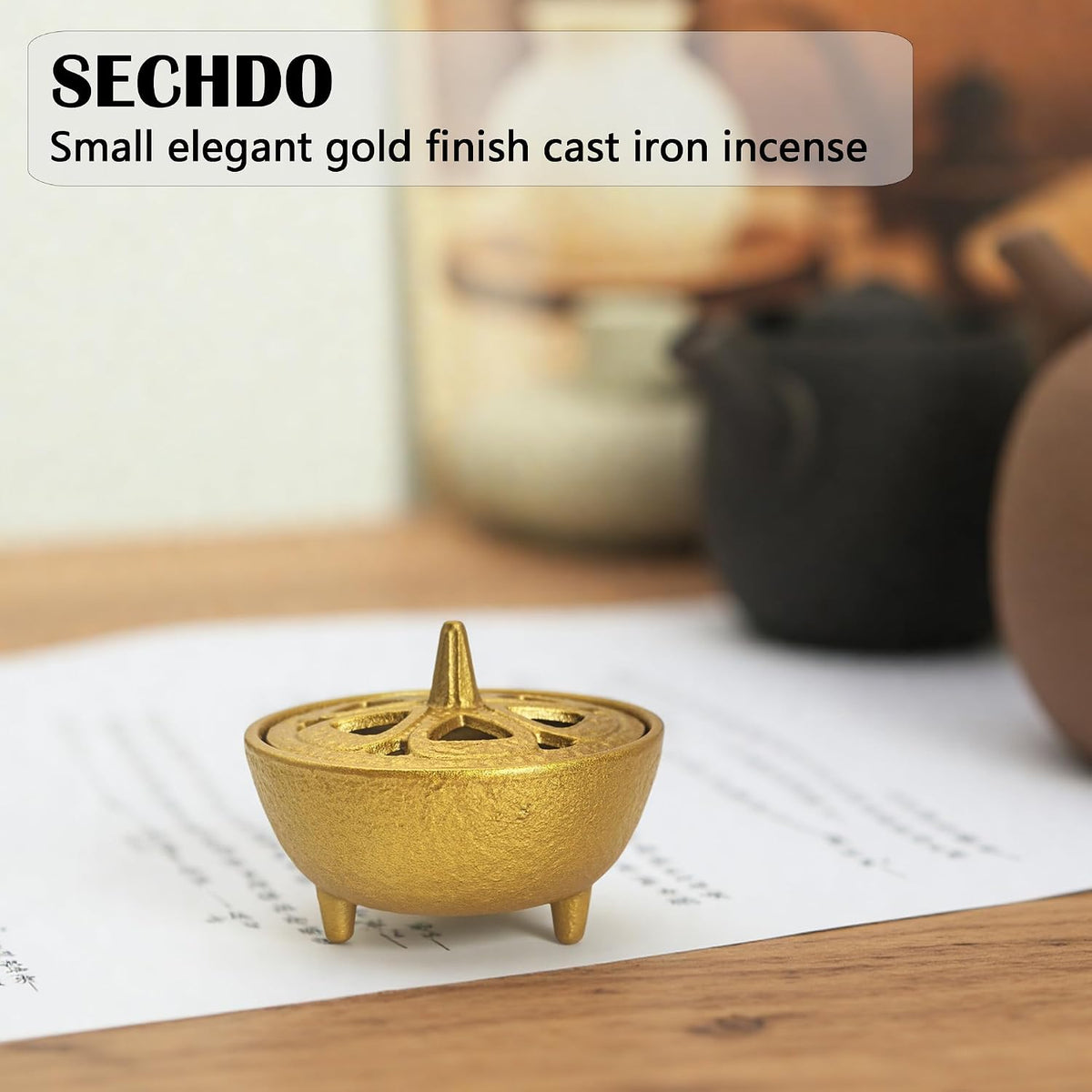 Small Cast Iron Incense Burner Holder, Home Decor, Bowl Design with Lid, Golden Incense for Sticks, Resin, Cone Incense or Wax Melts, Cense with Stand Base for Yoga, Spa, Room, Office
