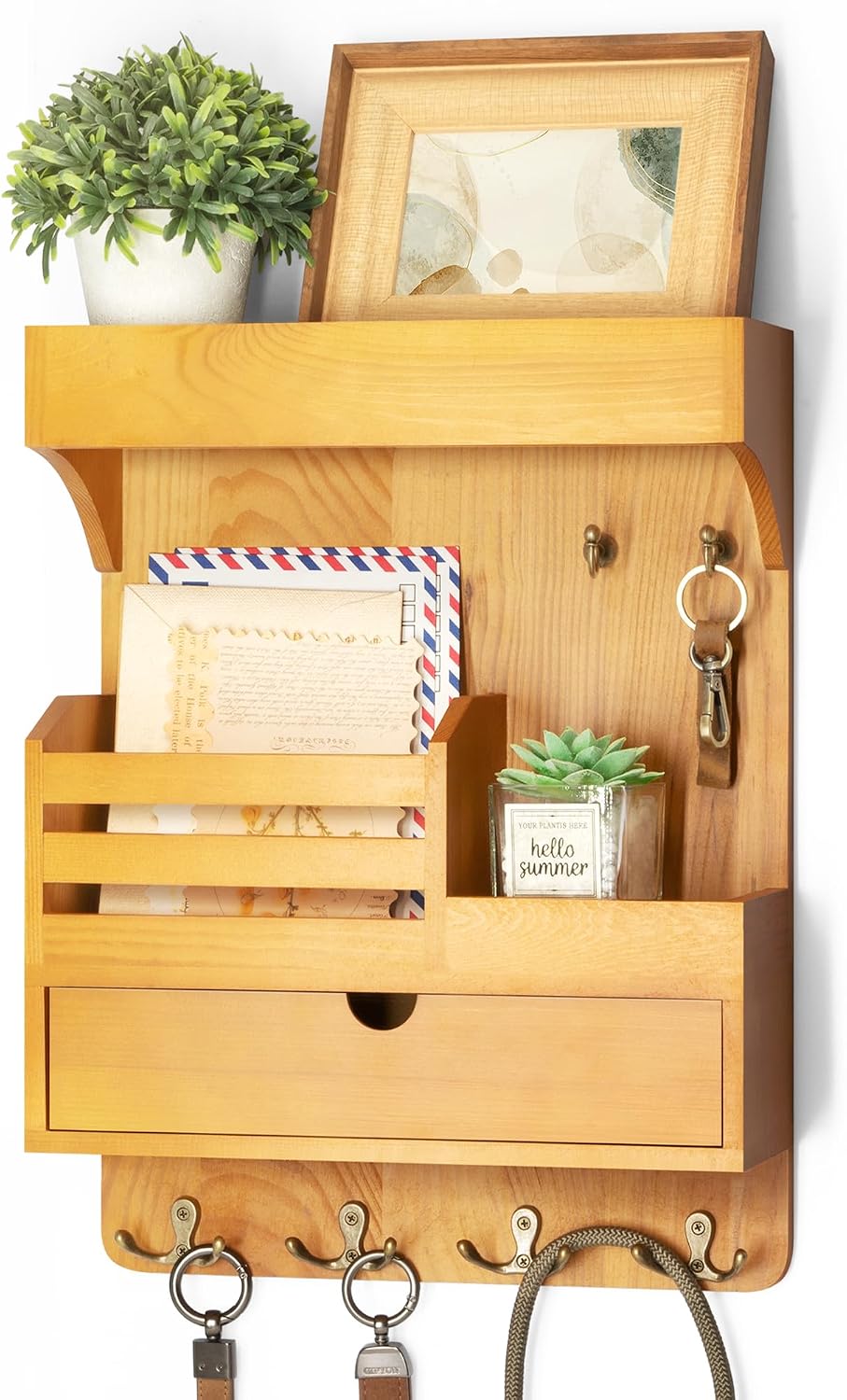 Rebee Vision Key Holder Wall Mount with Drawer for Home Decor, Light Brown