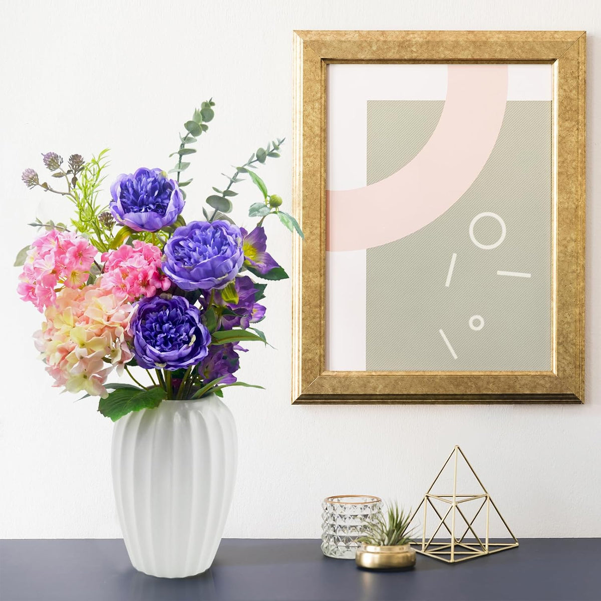Artificial Flowers Bouquet – Fake Silk Hydrangea Peony and Eucalyptus Mix, Faux Flower Arrangements for Home, Office Decor and Dining Table Centerpieces (Yellow Pink&Dark Purple)