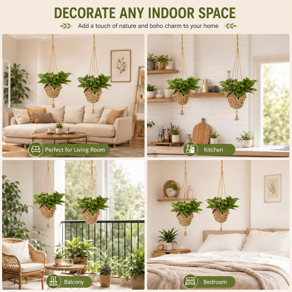 RAINFLOW Indoor Macrame Plant Hangers 2 Pack, Jute Plant Holders