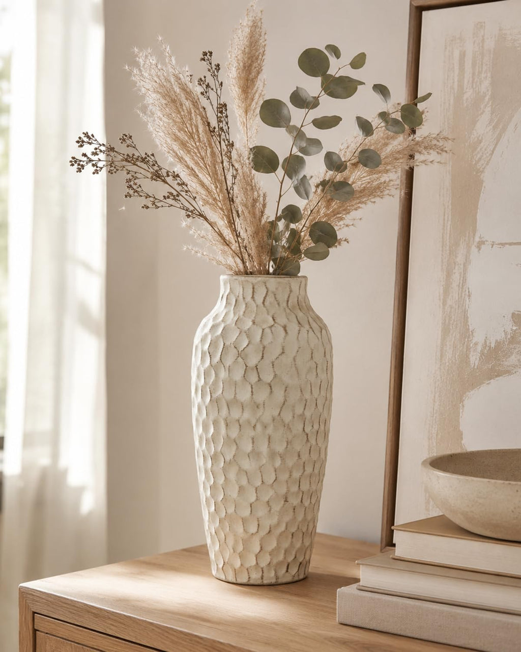 12.4 Inch Large Yellow Textured Ceramic Tall Vase for Rustic Home Decor