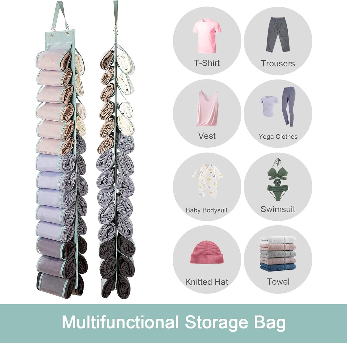 DHSFKBE Legging Organizer Storage - 2PCS T Shirt Organizer, Hanging Closet Organizers and Storage with 26 Roll Independent Compartments for Yoga Pants, Towel, Bathing Suit (Grey)