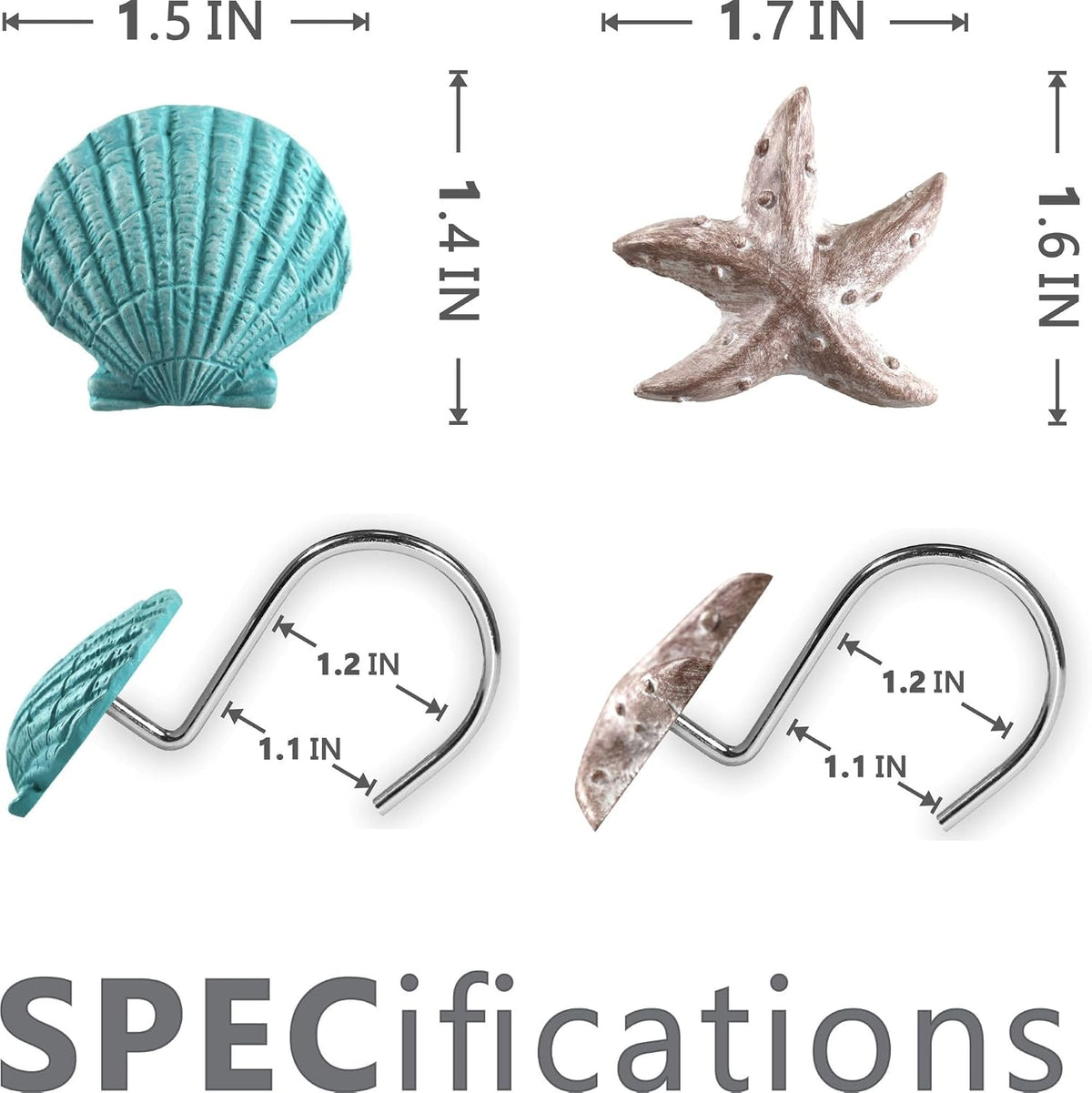 Seashell Sea Turtle Starfish Conch Decorative Shower Curtain Hooks, 12Pcs