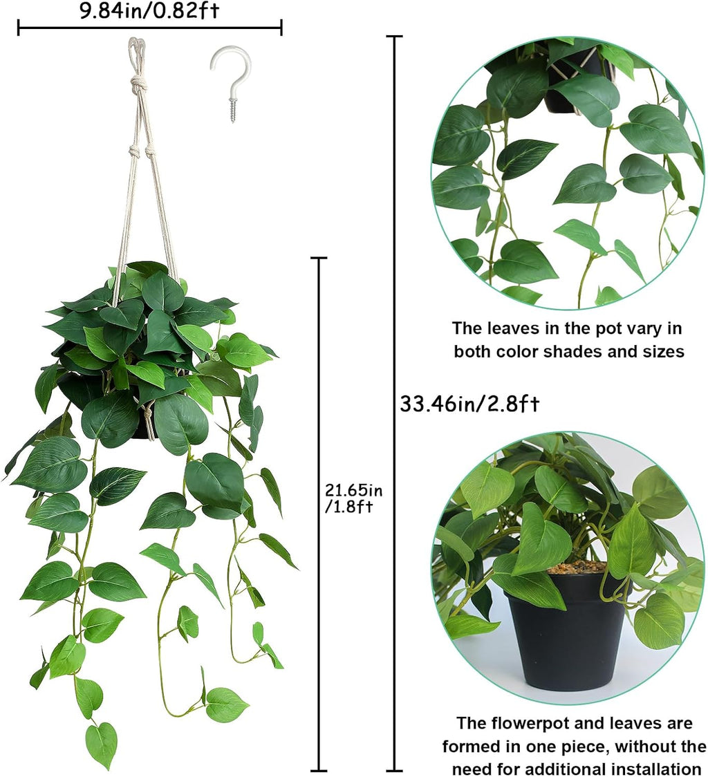 alyptus Fake Hanging Plants Artificial Decor Indoor Realistic Silk Devil's Ivy Hanging Potted Plants Faux Greenery Plant Pothos Vines with Pot for Home (Hanging Pothos - Green)