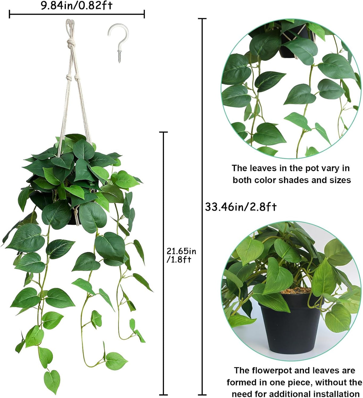 alyptus Fake Hanging Plants Artificial Decor Indoor Realistic Silk Devil's Ivy Hanging Potted Plants Faux Greenery Plant Pothos Vines with Pot for Home (Hanging Pothos - Green)