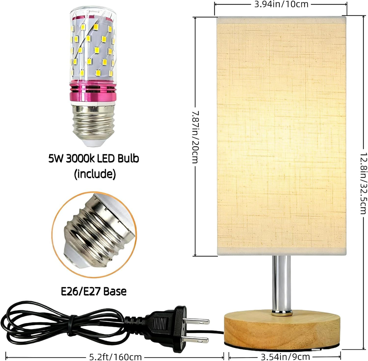 Small Table Lamp for Bedroom, Bedside Lamp with 3000K Warm LED Bulb Included, Nightstand Lamp for Living Room Office Dorm Kids Room, Easy Assemble Minimalist Cream Shade & Wood Base(5W)