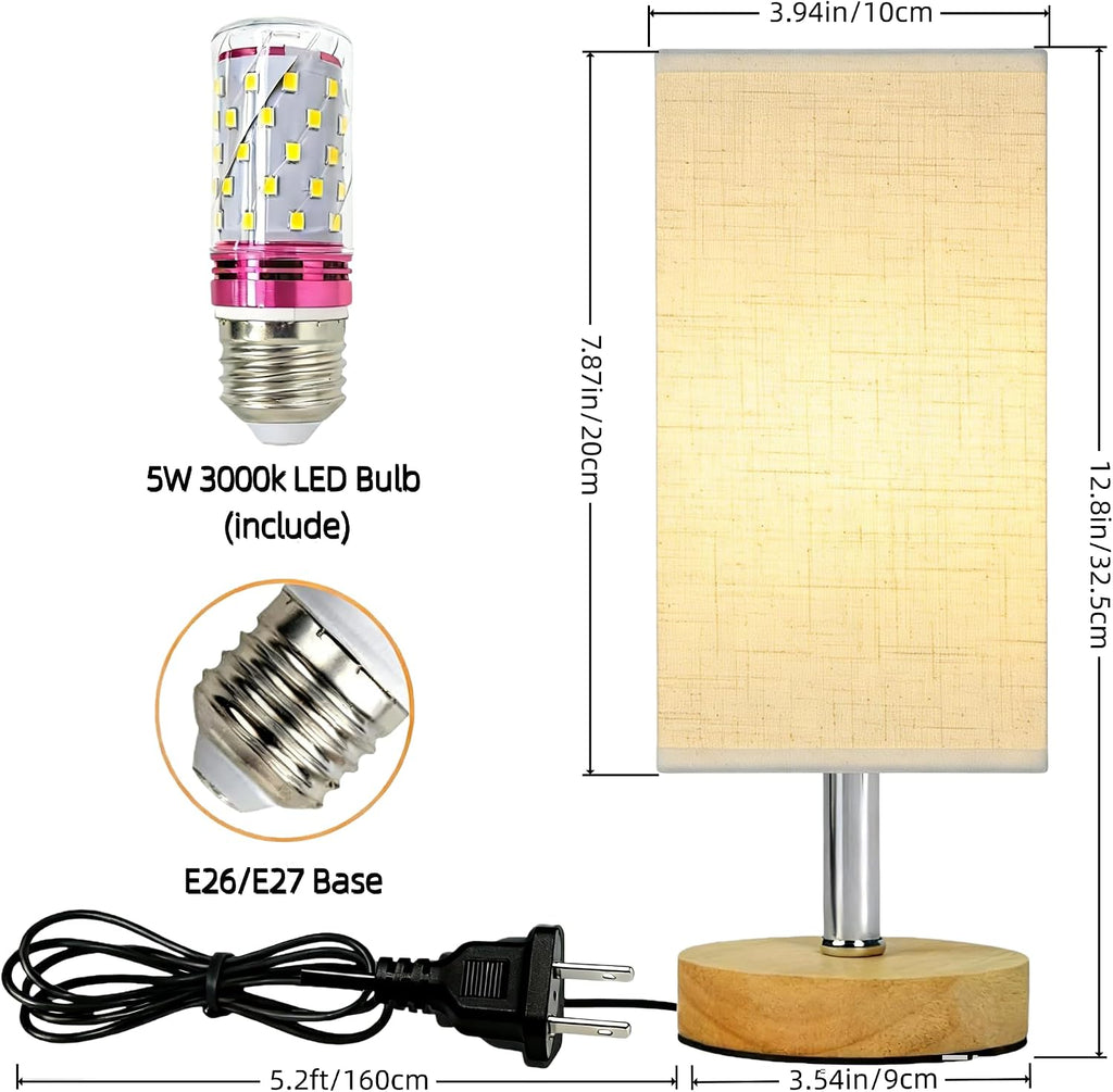 Small Table Lamp Set of 2, Bedside Lamp with 3000K Warm LED Bulb Included, Nightstand Lamp for Living Room Office Dorm Kids Room, Easy Assemble Minimalist Cream Shade & Wood Base(5W)