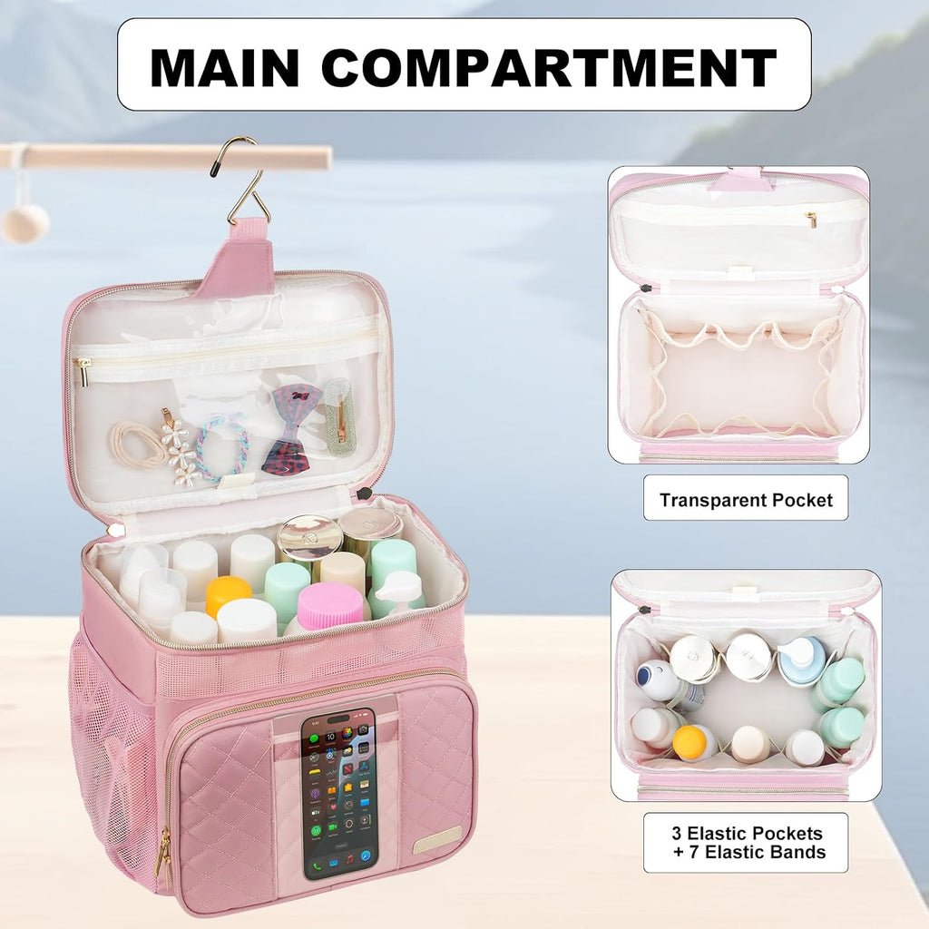 Portable Shower Caddy College Dorm Essentials (Full Size Bottle Compatible), Toiletry Bag for Women Men, Hanging Makeup Bag with Quickly Dry Mesh Base for Travel,Gym & Camping,Pink