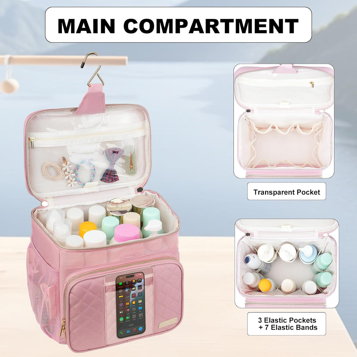 Portable Shower Caddy College Dorm Essentials (Full Size Bottle Compatible), Toiletry Bag for Women Men, Hanging Makeup Bag with Quickly Dry Mesh Base for Travel,Gym & Camping,Pink