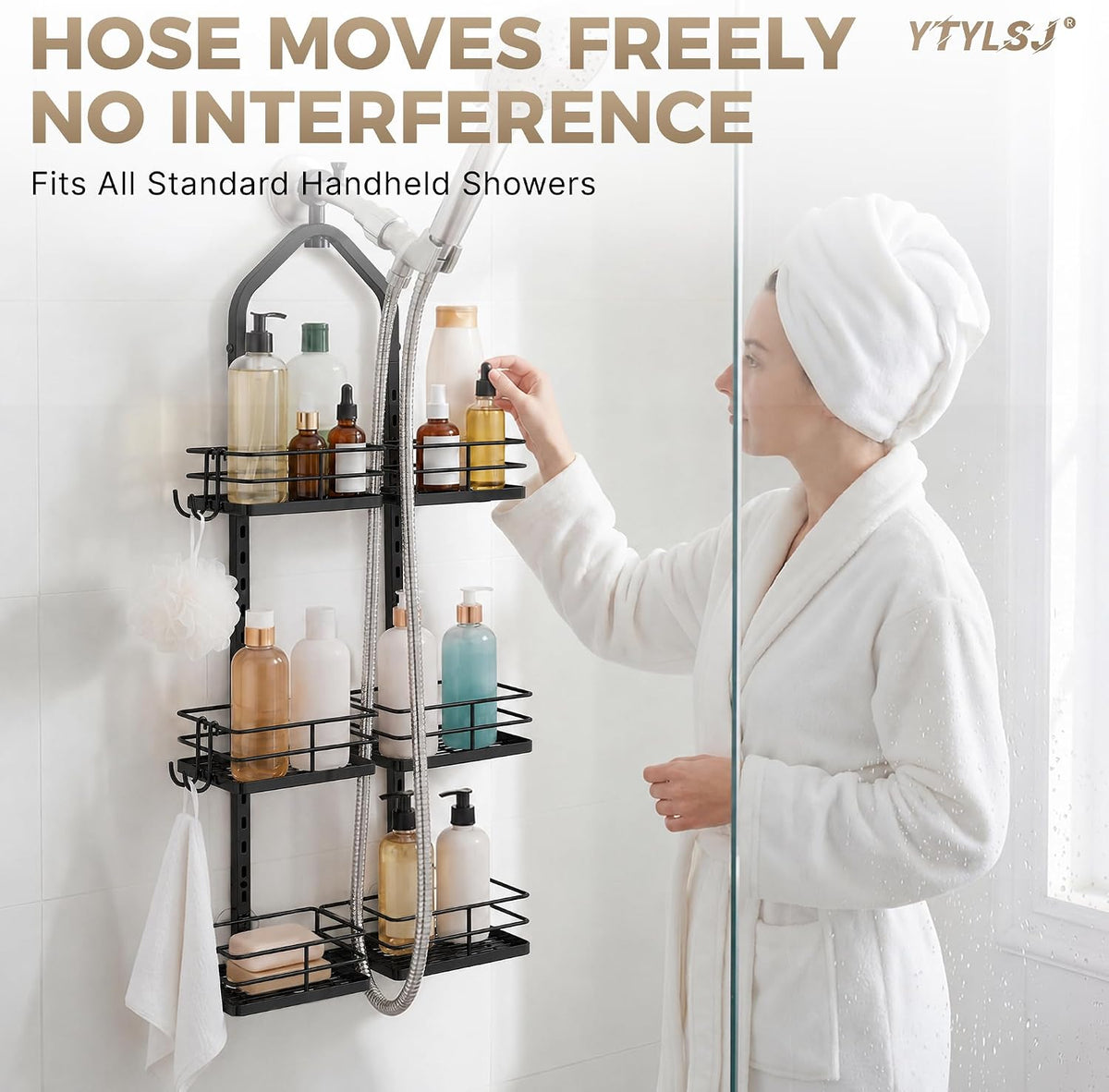 3-Tier Hanging Shower Caddy for Handheld Showerhead, Matte Black