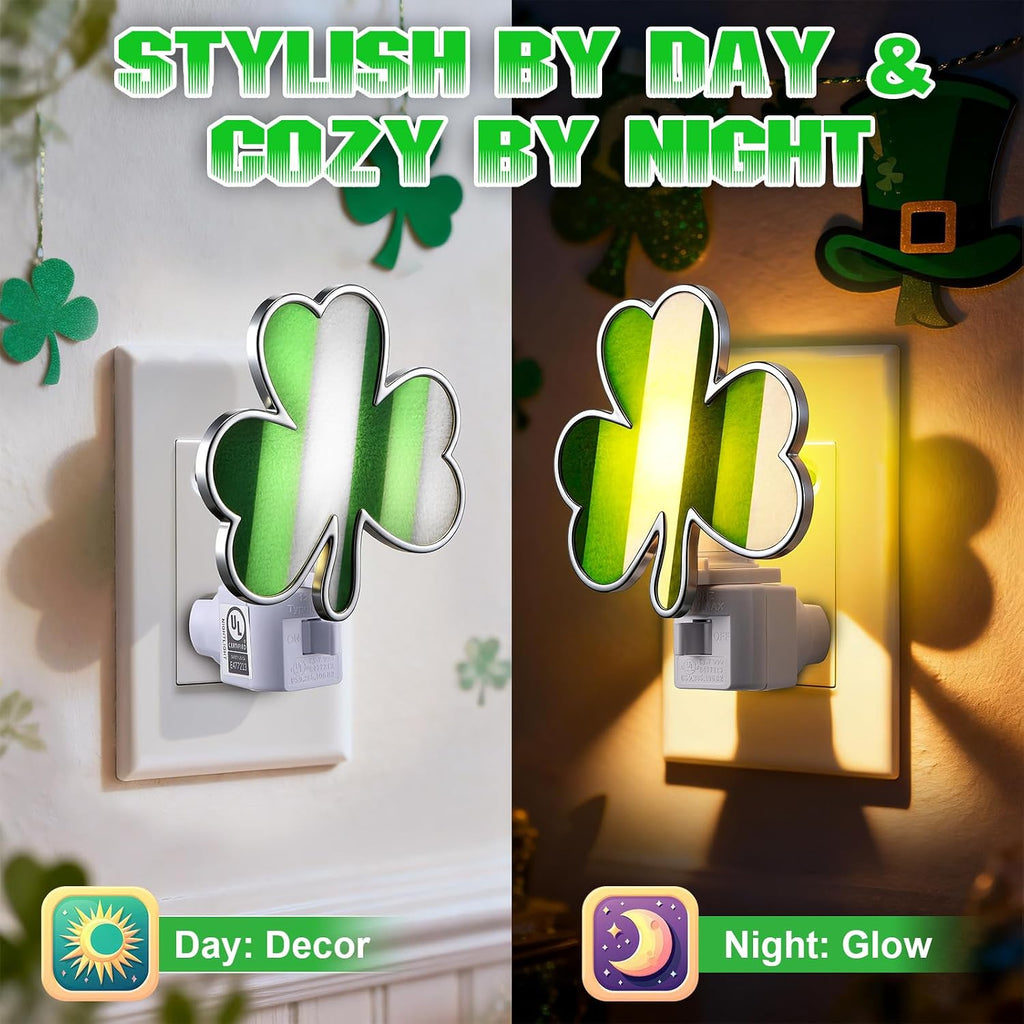 Hohean St. Patrick's Day Shamrock Night Light–UL Certification Plug in Irish Decor Lamp with C7 LED, Flocking & Acrylic, 360° Rotating Plug for Bedroom, Bathroom & Hallway–Green Holiday Lighting Gift