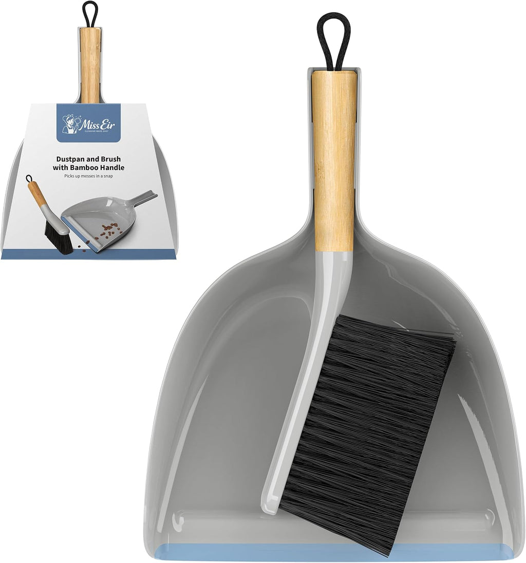 Small Handheld Dustpan and Brush Set, Mini Broom with Flagged PET Bristles & Rubber Lip Dustpan, Bamboo Handle Counter Crumb Sweeper for Kitchen, Desk, Car, Pet Hair