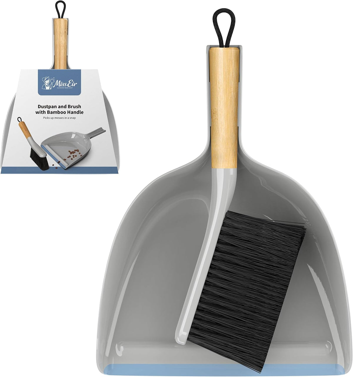 Small Handheld Dustpan and Brush Set, Mini Broom with Flagged PET Bristles & Rubber Lip Dustpan, Bamboo Handle Counter Crumb Sweeper for Kitchen, Desk, Car, Pet Hair