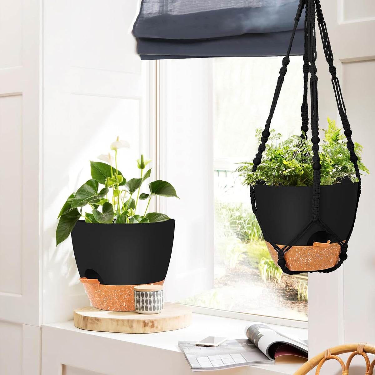GARDIFE 10 Inch Hanging Planters with Macrame Plant Hanger for Indoor and Outdoor Plants, 2 Pack Large Self Watering Hanging Plant Pot with Basket Flower Pot with Drainage Hole, Black
