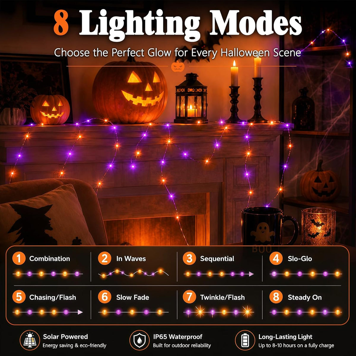 cshare Halloween Solar String Lights Outdoor, Orange Purple Solar Fairy Lights 2 Pack 16.4FT 50 LED Each, 8 Modes Waterproof Black Wire Fairy Lights for Yard Porch Fence Tree Bushes Decor