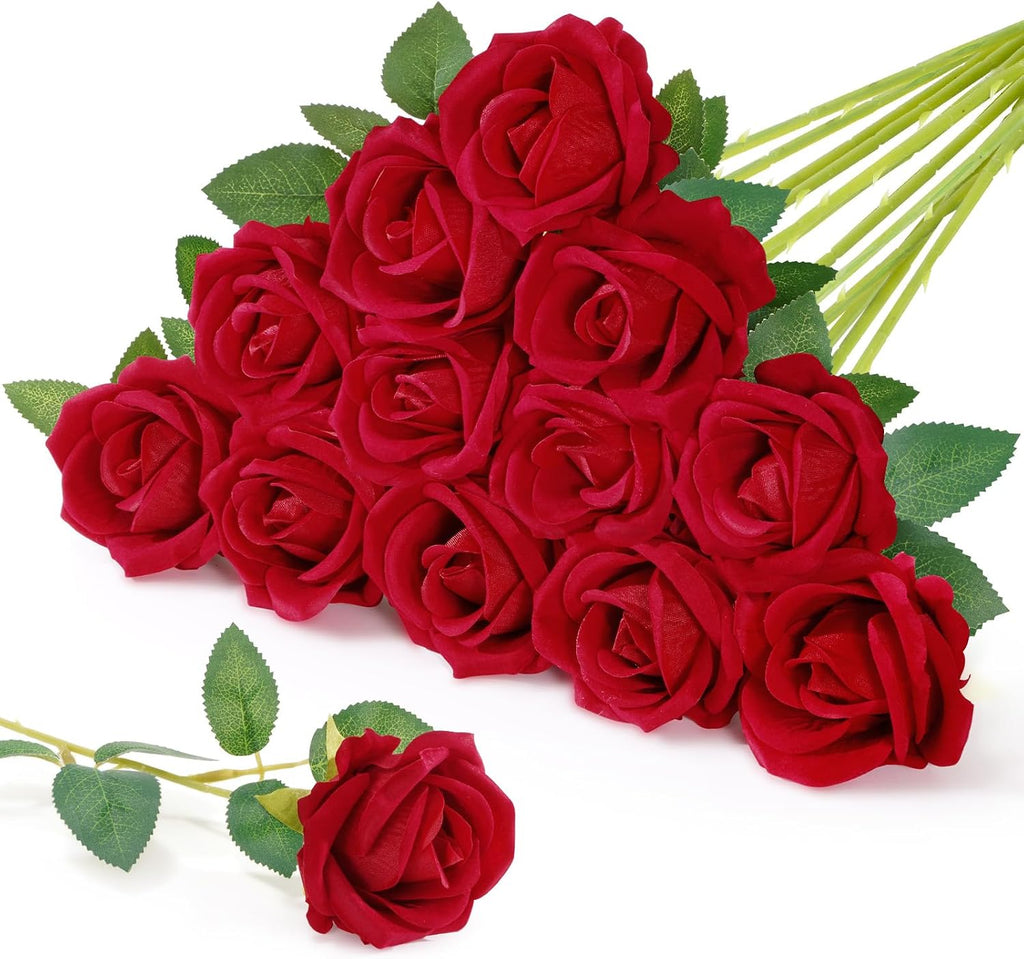 Lifewit Classic Red Artificial Roses Flowers, Faux Long Stem Roses Bulky
