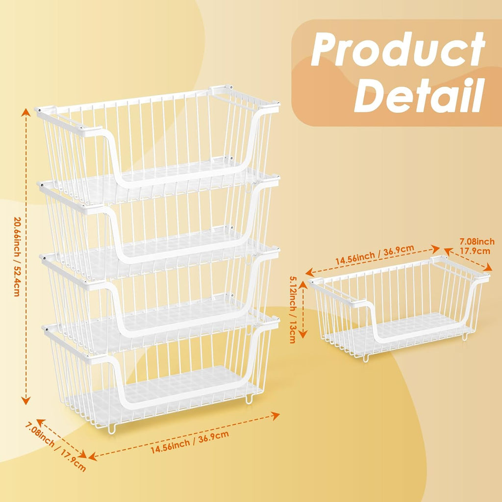 4 Pcs Stackable Wire Baskets for Pantry Organizers and Storage, White