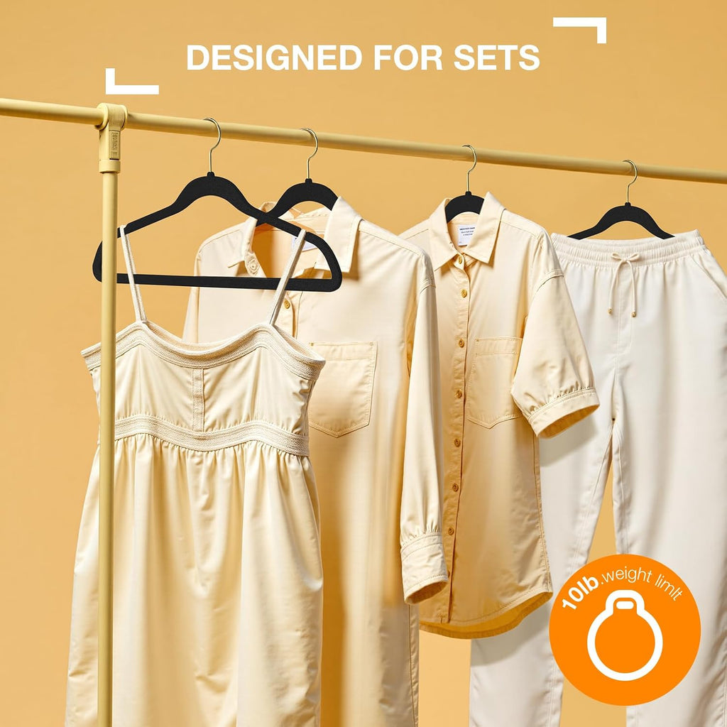 Korpai Velvet Hangers 100 Pack,Felt Hangers with Gold 360 Swivel Hook,Coat Hanger Non Slip,Heavy-Duty,Space Saving,Slim Clothes Hangers for Pants,Outfit,Skirts,Suits,Coats,Dresses ect.Black