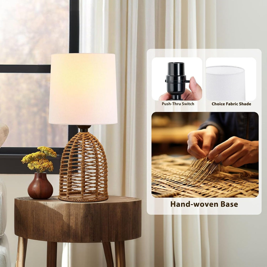 EJIAXIN Small Table Lamp -13.75" Boho Rattan Lamp - Bedside Farmhouse Lamps