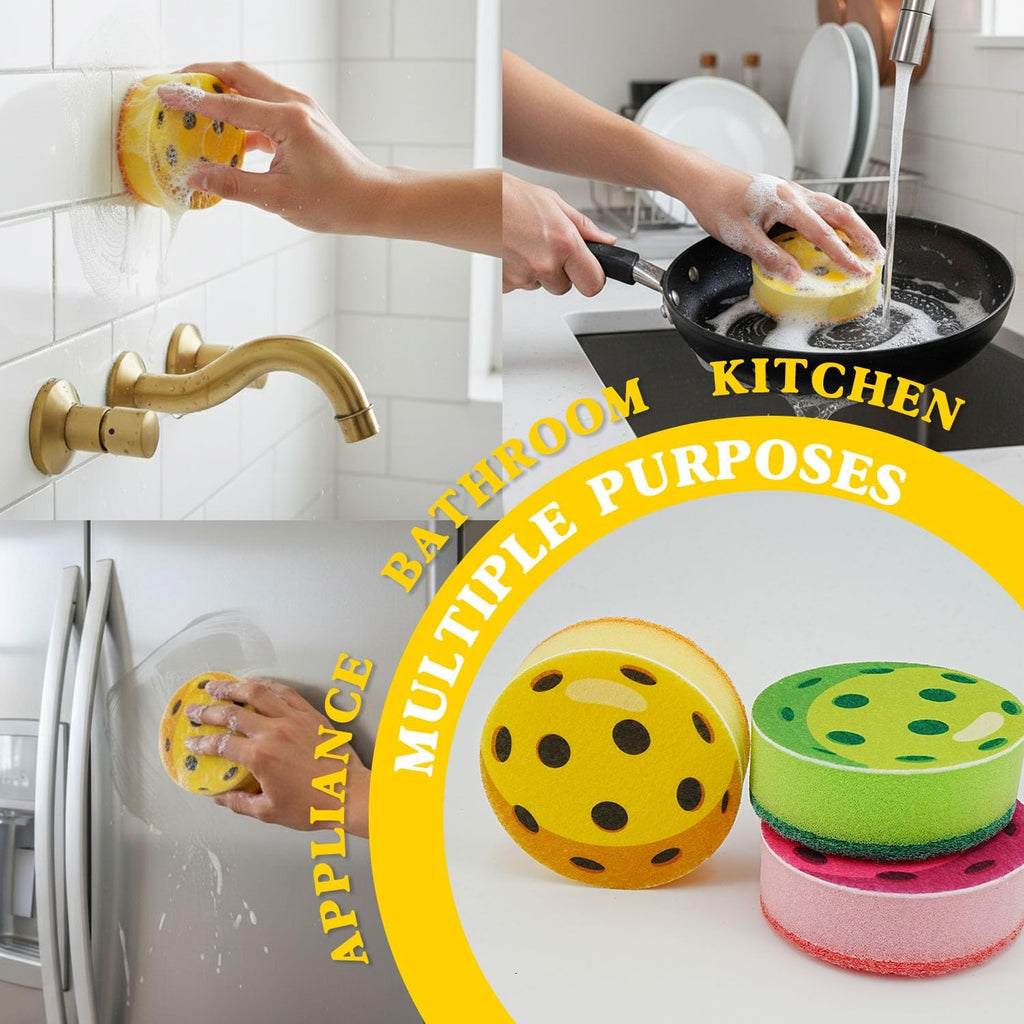 Pickleball Cleaning Sponge Set of 3, Colorful Triple-Layer Kitchen Sponges with Scrubby Base, Fun Pickleball Gifts for Women & Men, Gift-Ready Packaging, Multi-Color