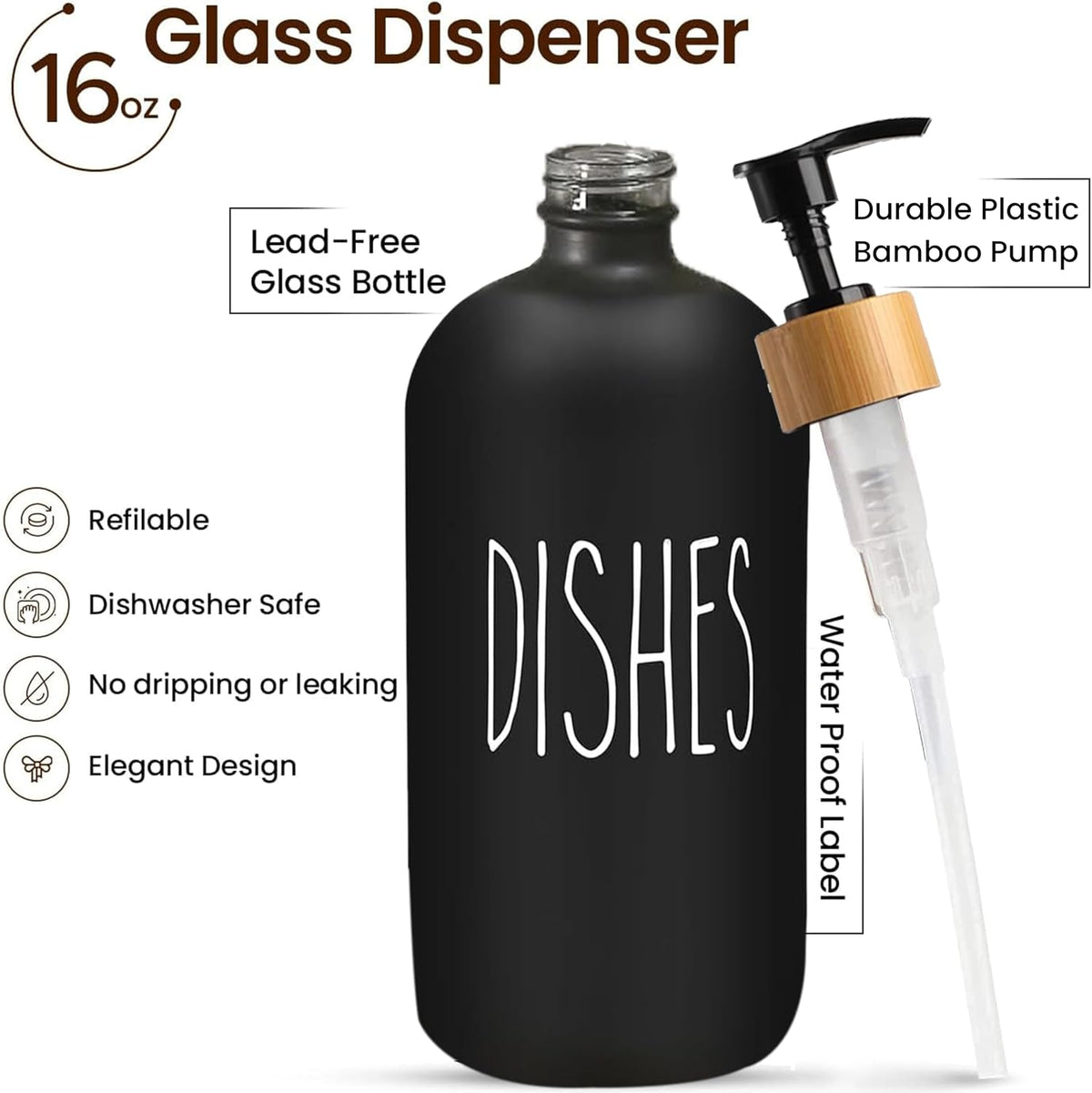 Sunrise Premium Black Glass Soap Dispenser, Bamboo Pump with Tray, 2 Pack