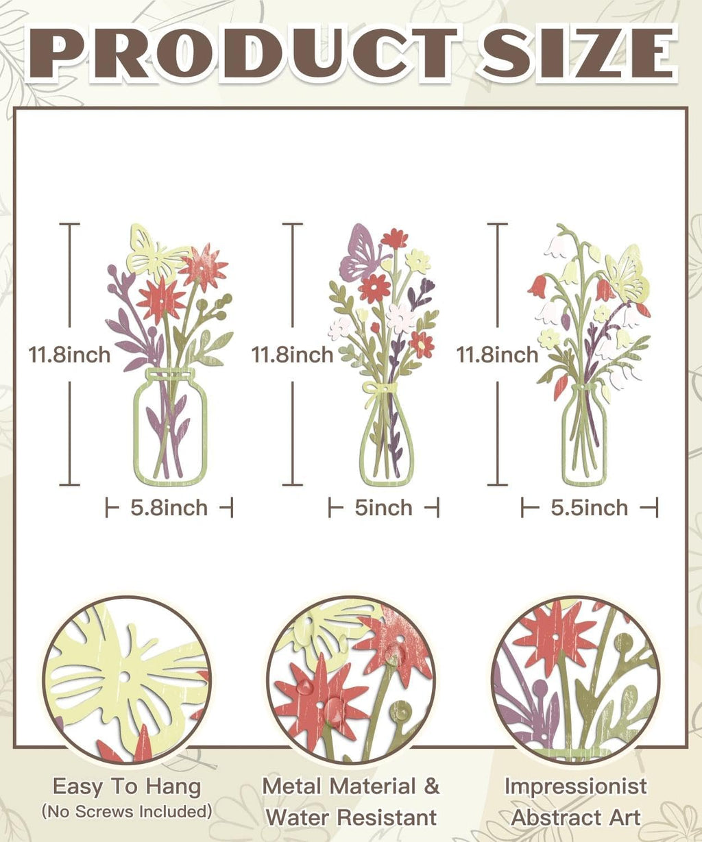 Putuo Decor Metal Flower Wall Decor, 3PCS Minimalist Floral Wall Art with Butterfly, Boho Spring Wall Sculptures for Living Room Bedroom Bathroom Kitchen, Modern Colorful Metal Flowers Decorations