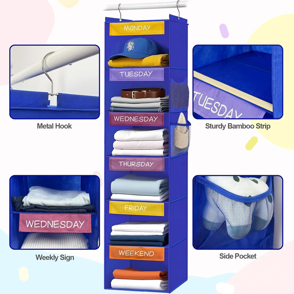 homyfort Weekly Clothes Organizer for Kids, 6-Shelf Hanging Closet Organizer with Colorful Labels, Space Saving Design with 2 Pockets, Daily Hanging Closet Shelves for Kids Room Storage, Blue