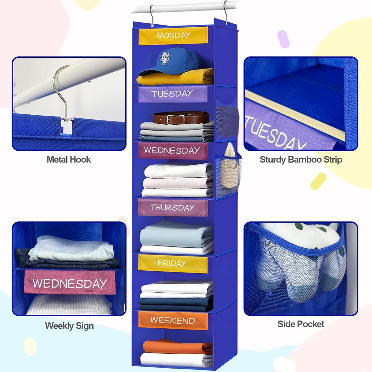 homyfort Weekly Clothes Organizer for Kids, 6-Shelf Hanging Closet Organizer with Colorful Labels, Space Saving Design with 2 Pockets, Daily Hanging Closet Shelves for Kids Room Storage, Blue
