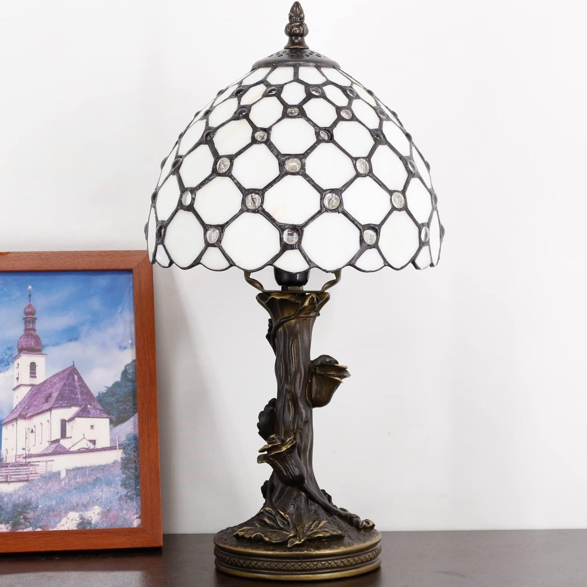 Tiffany Lamp Stained Glass Table Lamp White Crystal Pearl Bead Style