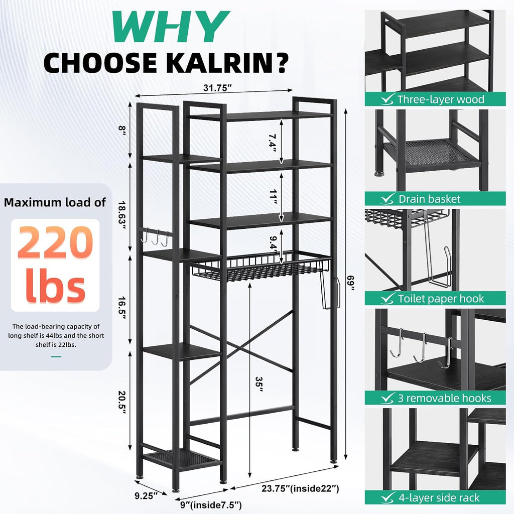 Kalrin 8-Tier Over The Toilet Storage with Side Rack, Over Toilet Storage Rack with Adjustable Shelf & Drain Basket, Freestanding Bathroom Organizer for Balcony, Laundry (Pure Black)